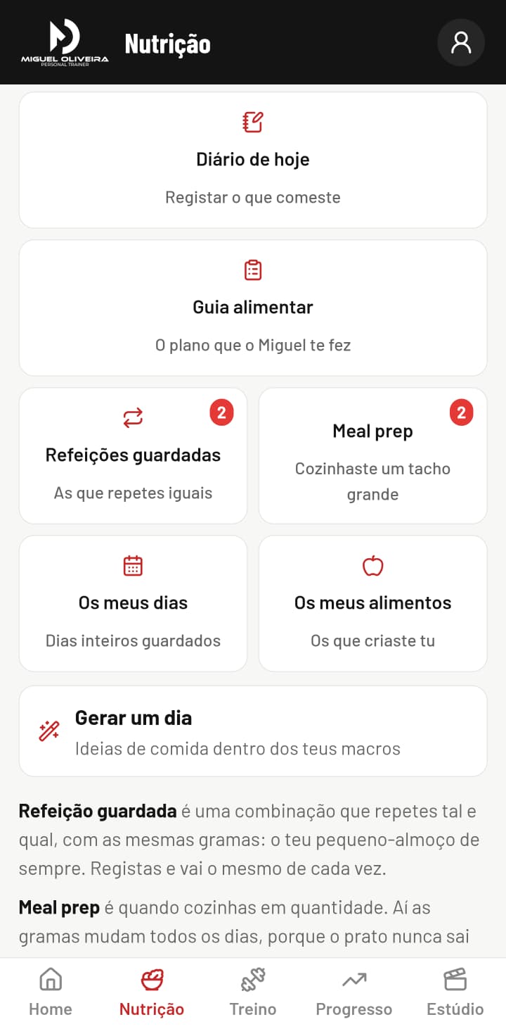 O ecrã da nutrição, com o diário e o guia alimentar